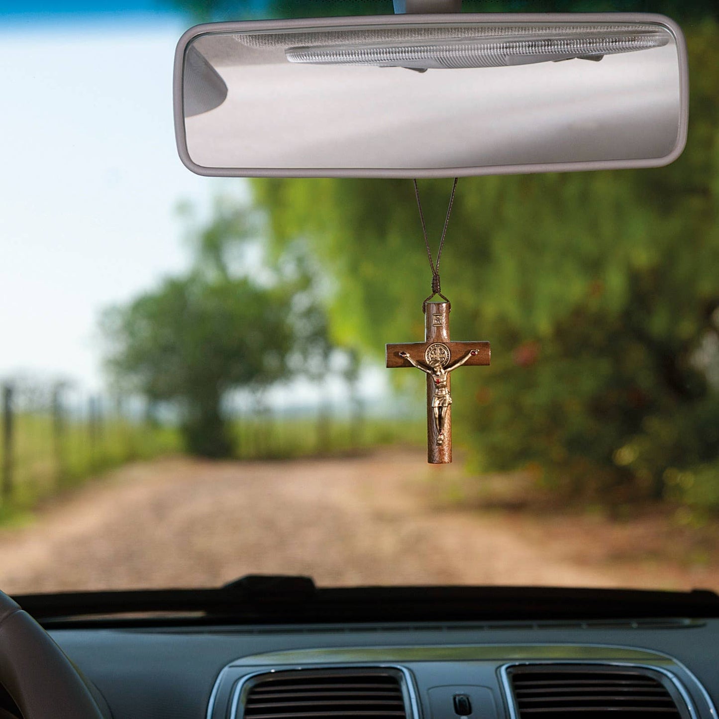 St. Benedict Wooden Rearview Mirror Cross 3"