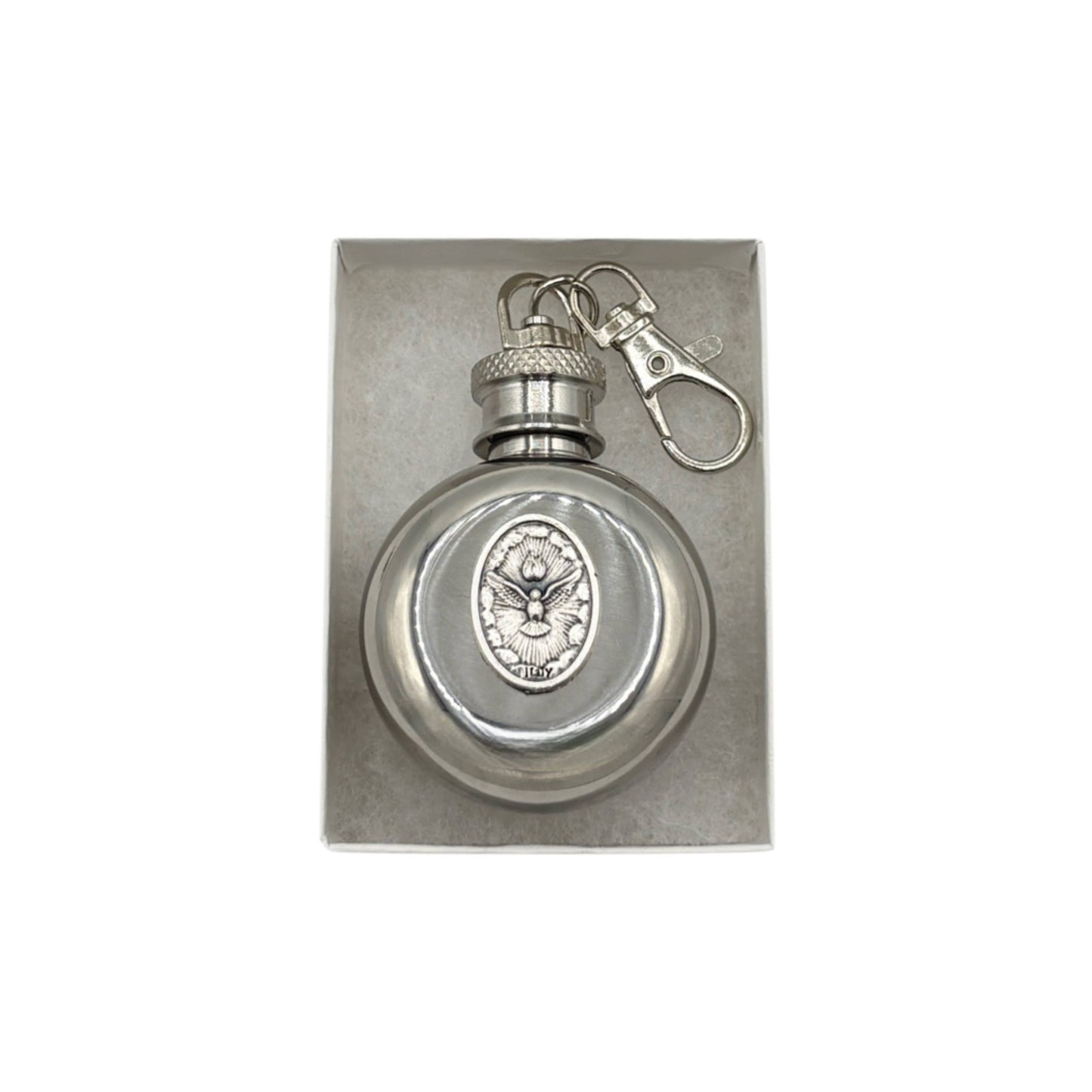 Holy Water Flask - Holy Spirit Round (SS) with Keyring 1 oz