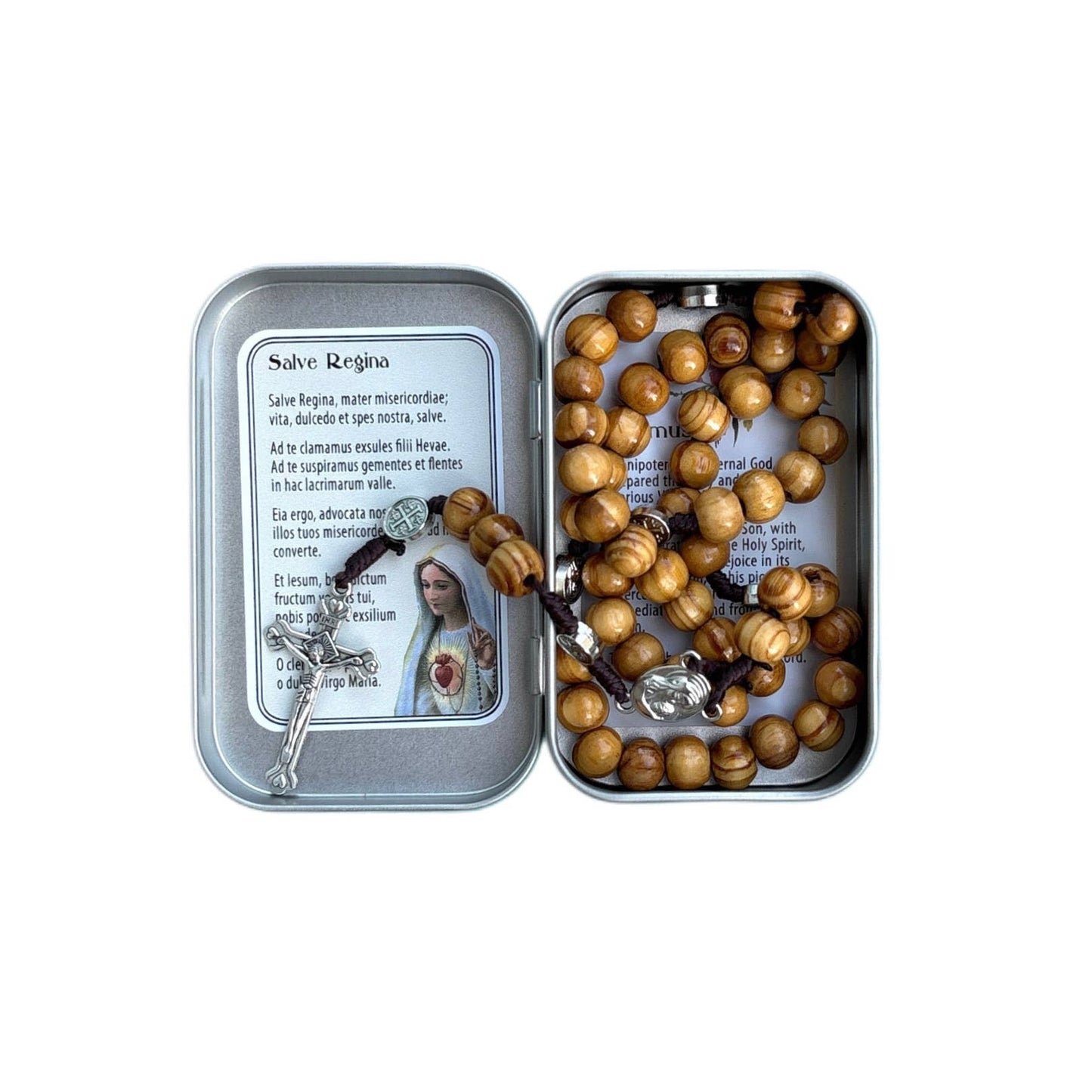 Mary Wooden Rosary in Tin Box with Prayers