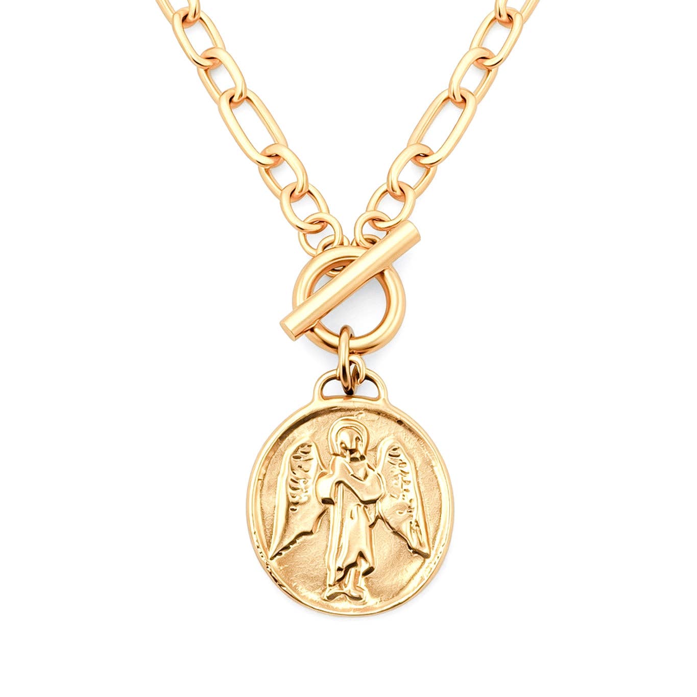 Heirloom Modern Paperclip Necklace with Matte Gold Guardian Angel
