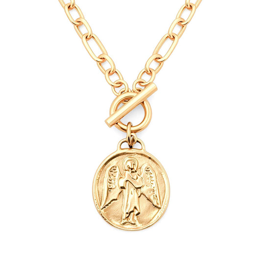Heirloom Modern Paperclip Necklace with Matte Gold Guardian Angel