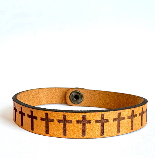 Easter Engraved Crosses Men's Religious Leather Snap Bracelet Engraved Cuff