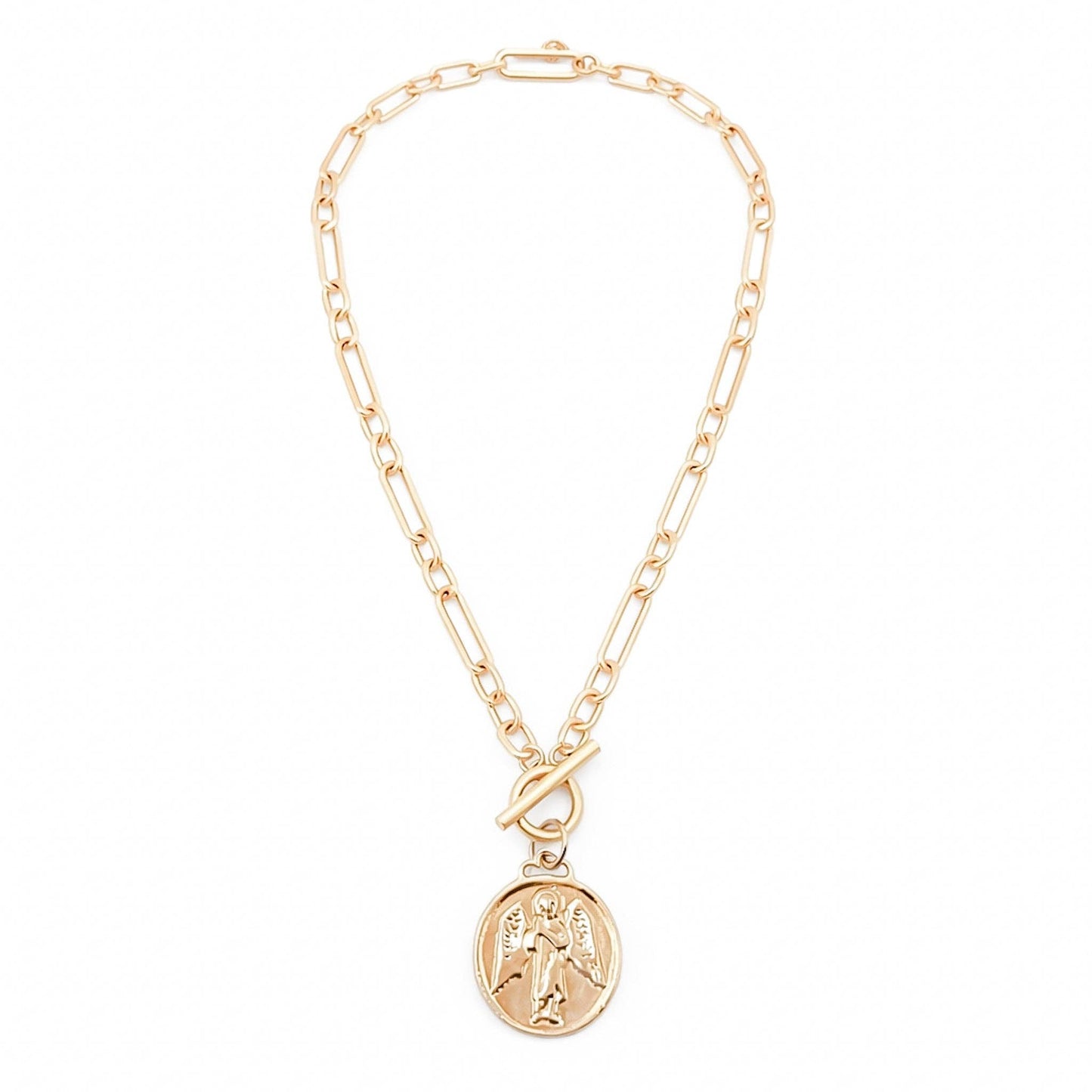 Heirloom Modern Paperclip Necklace with Matte Gold Guardian Angel