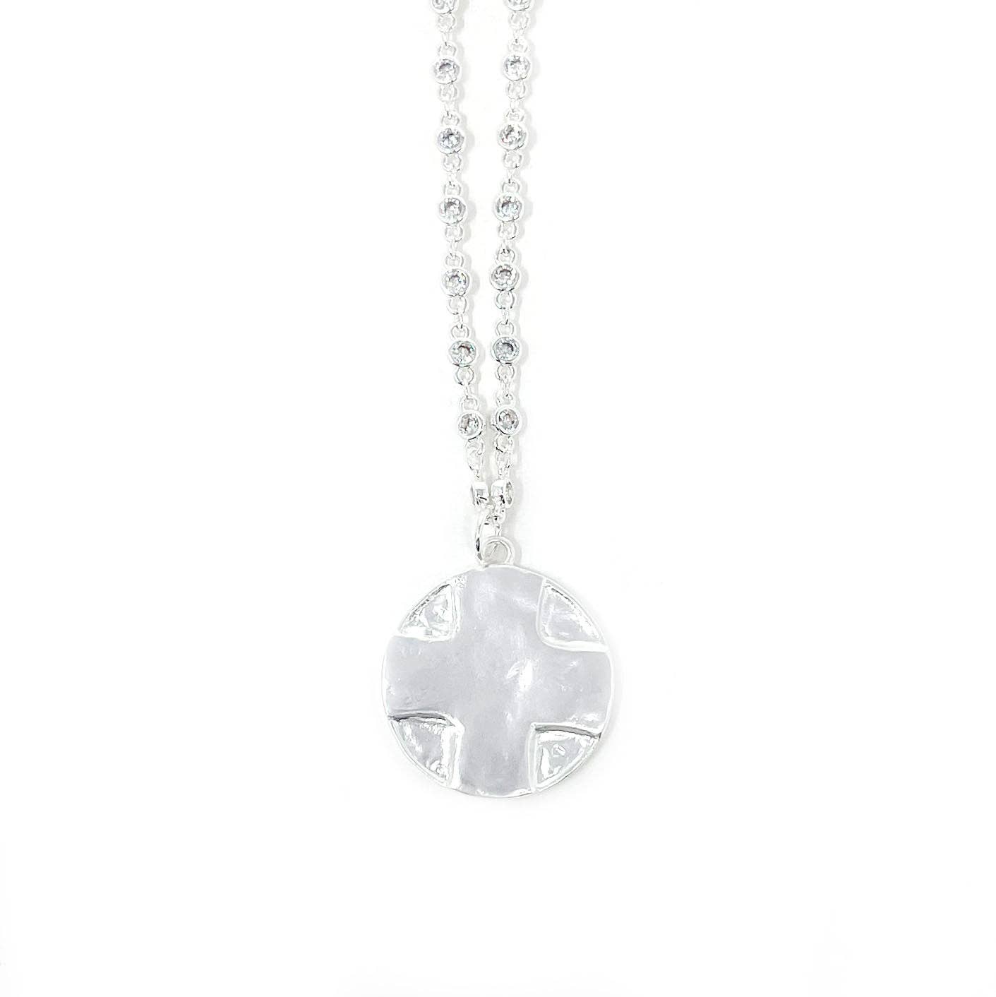 18" Silver Crystal Bezel Necklace with Matte Silver Lord's Prayer Cross: 18"