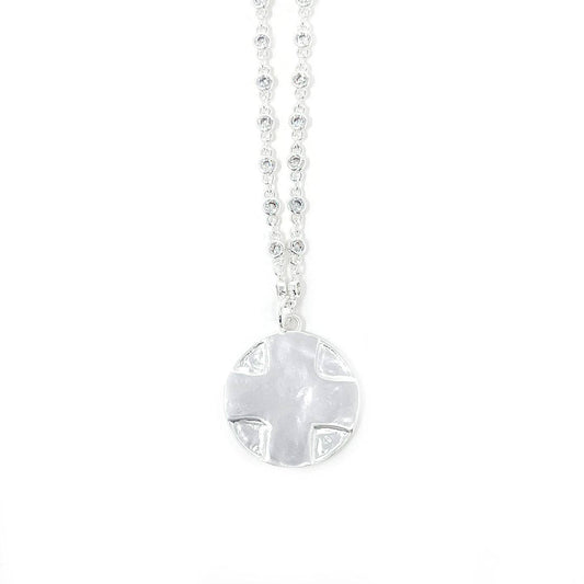 18" Silver Crystal Bezel Necklace with Matte Silver Lord's Prayer Cross: 18"