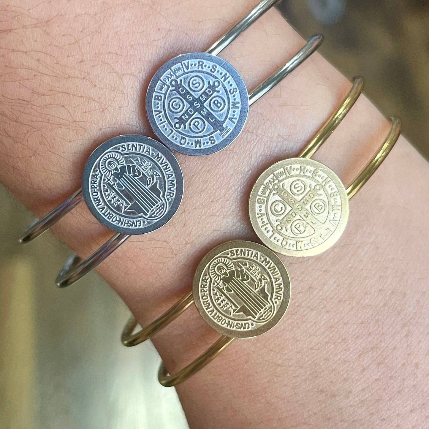 Stainless Steel St Benedict Bangle Bracelet: Silver