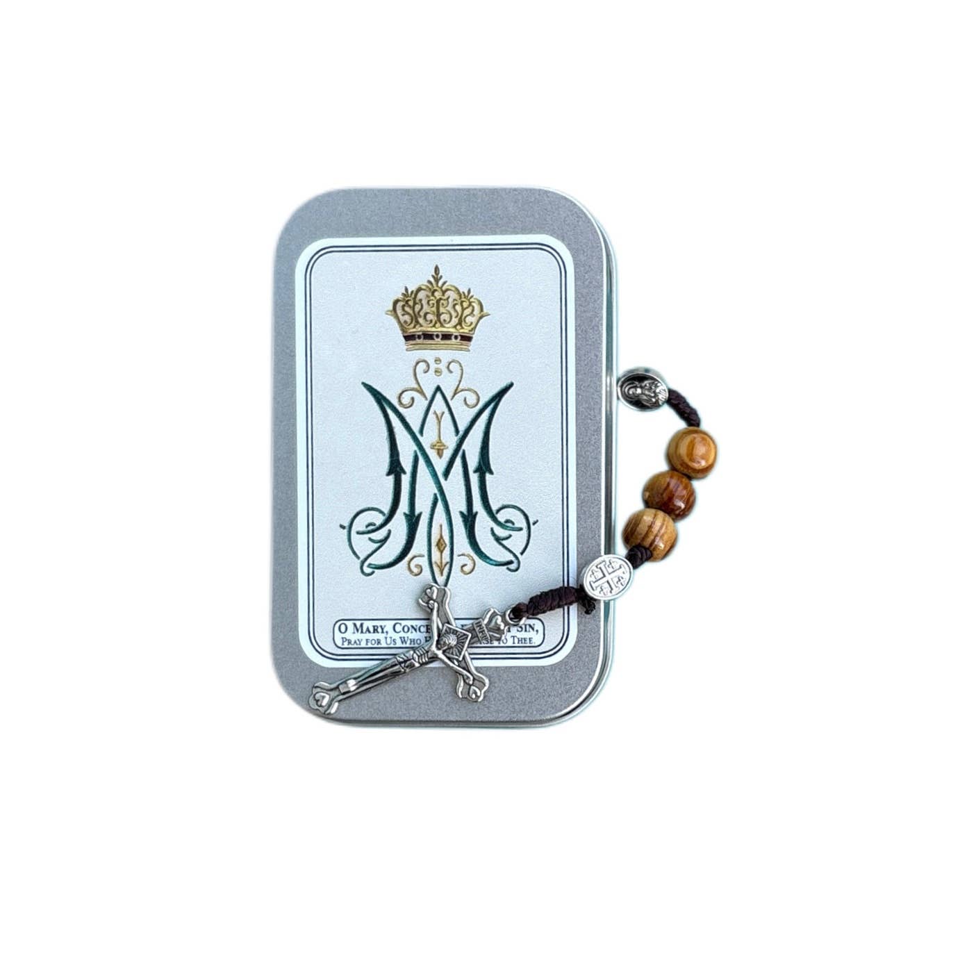 Mary Wooden Rosary in Tin Box with Prayers