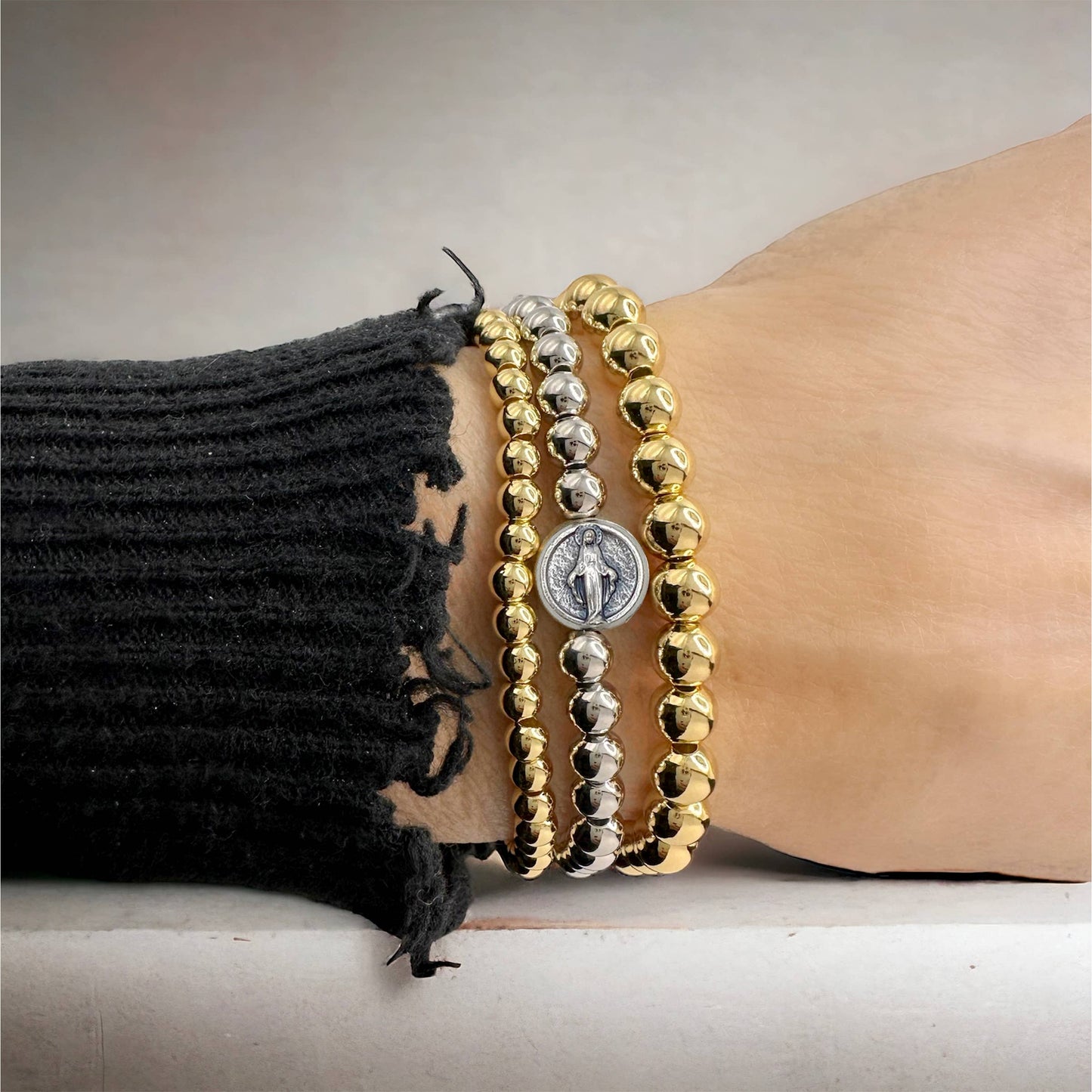 Subliminal Blessed Mother Miraculous Beaded Bracelet: Gold and Silver