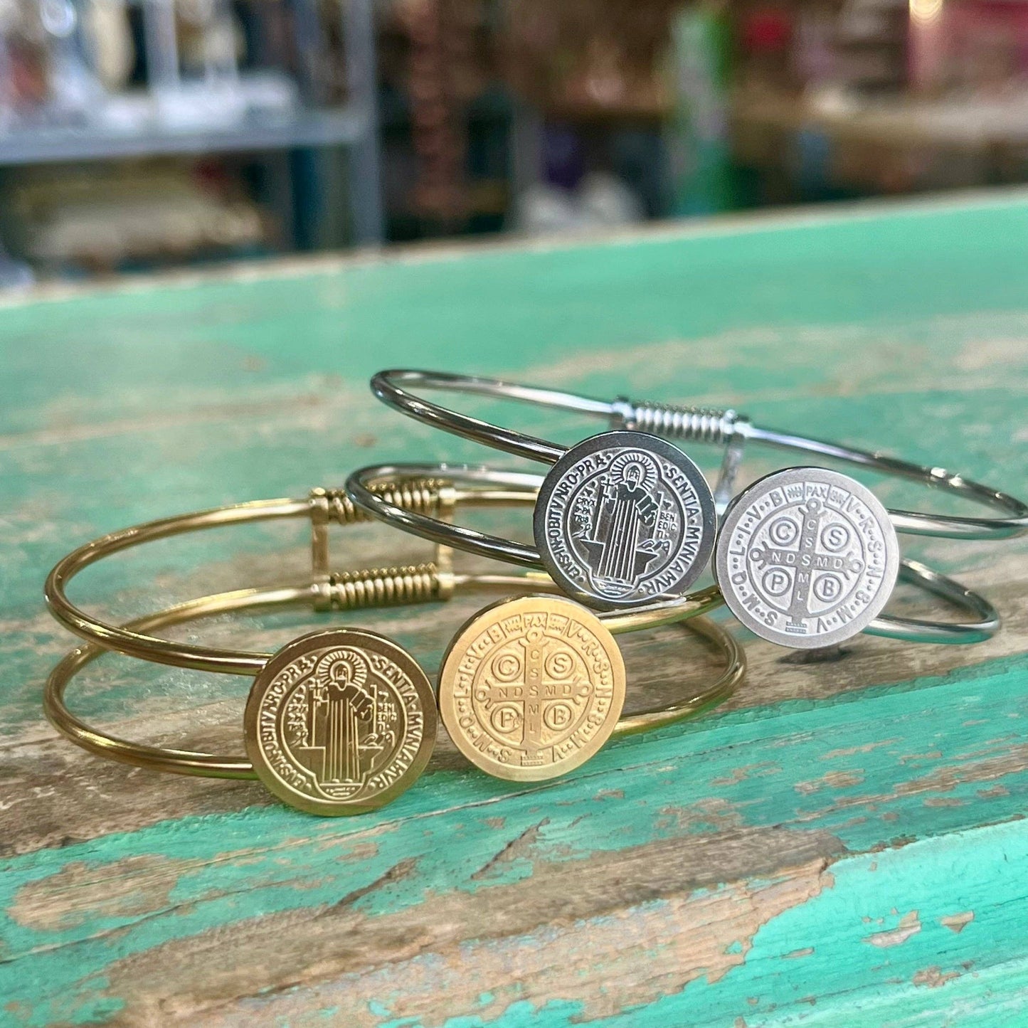 Stainless Steel St Benedict Bangle Bracelet: Gold