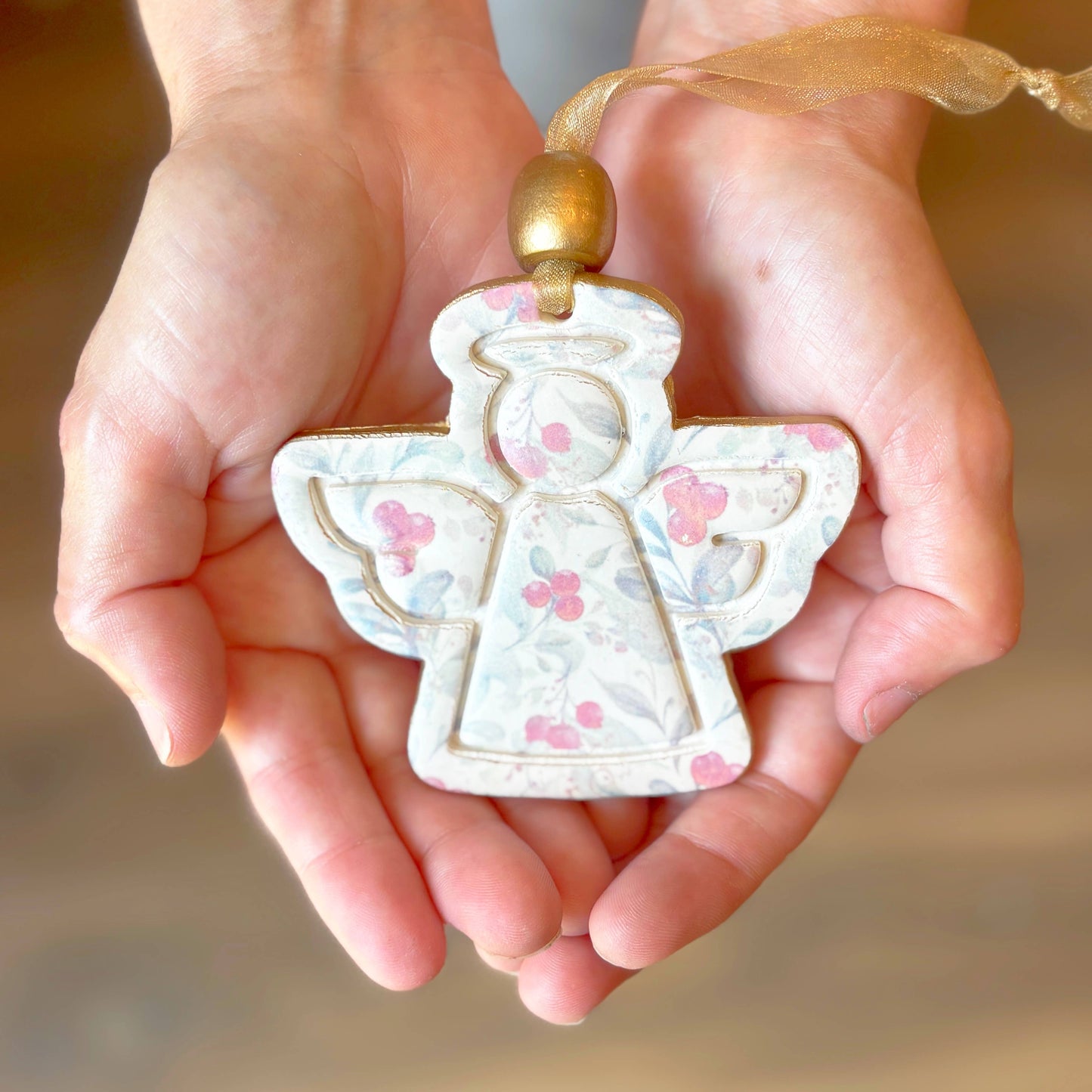 Hope Angel Ornament: Berry Pattern with Gold Ribbon