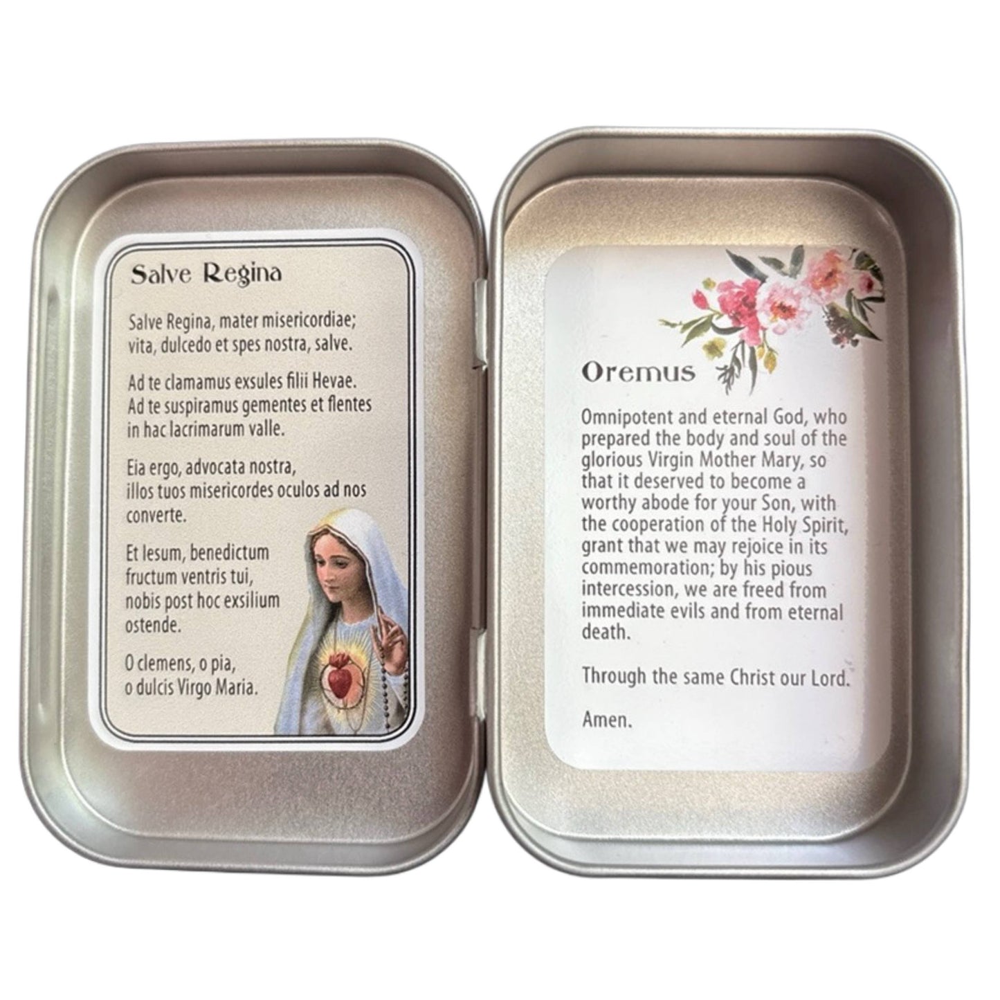 Mary Wooden Rosary in Tin Box with Prayers