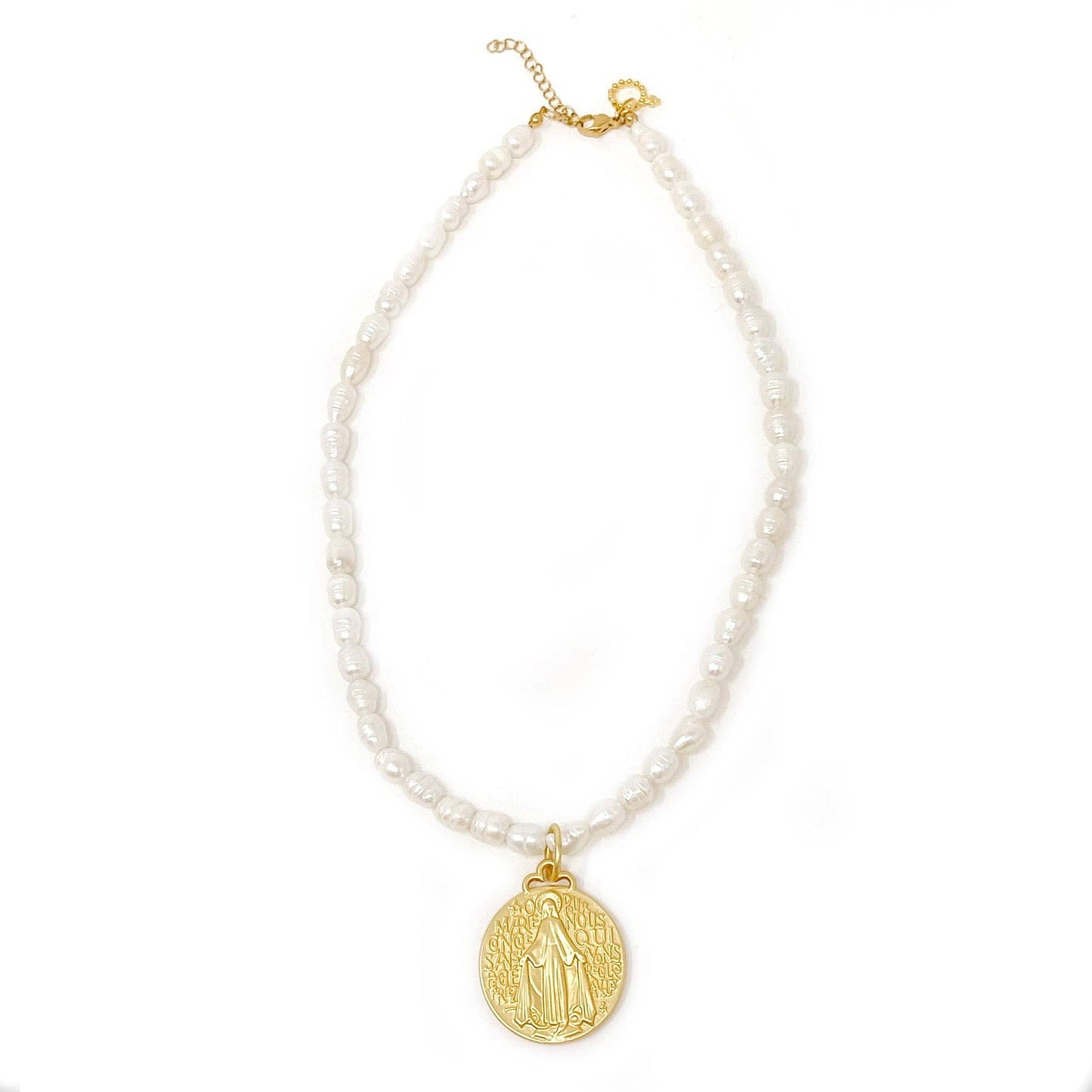 Pearl Necklace with Large Matte Gold Blessed Mother