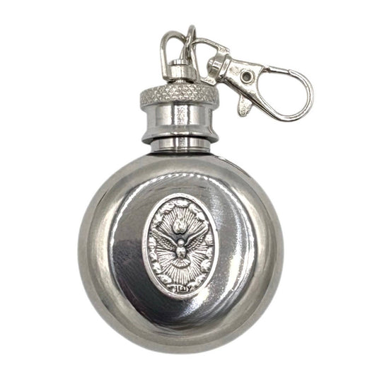 Holy Water Flask - Holy Spirit Round (SS) with Keyring   1 oz