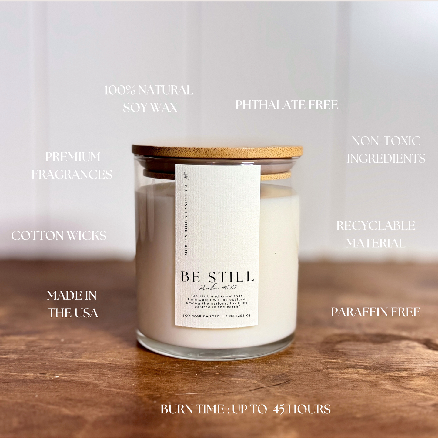 Be Still | Lavender & Sage | 9 oz. Clear Jar Soy Candle: Natural Wood Lid