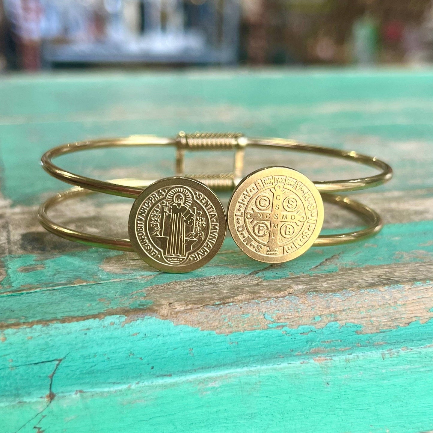 Stainless Steel St Benedict Bangle Bracelet: Gold