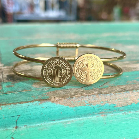 Stainless Steel St Benedict Bangle Bracelet: Gold