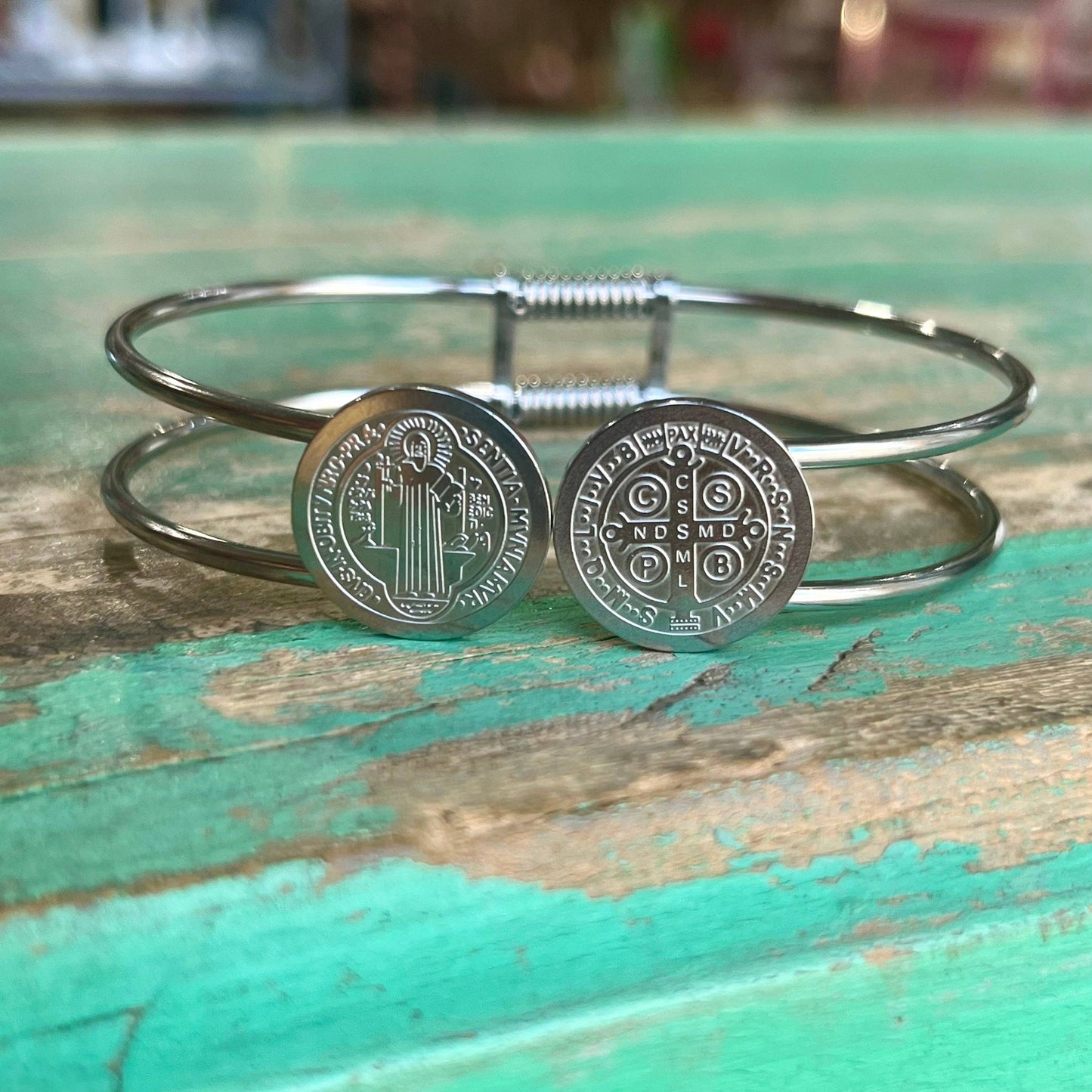 Stainless Steel St Benedict Bangle Bracelet: Gold